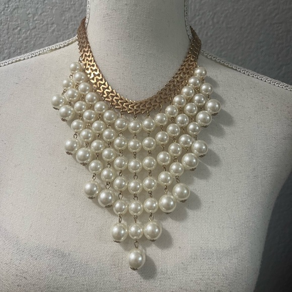Gold Tone 2 Broke Girls Style Chevron Faux Pearl Choker Necklace - Picture 13 of 14